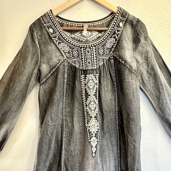 Monoreno Womens Medium Black Chambray Denim‎ Embroidered Lagenlook Dress - Picture 3 of 16